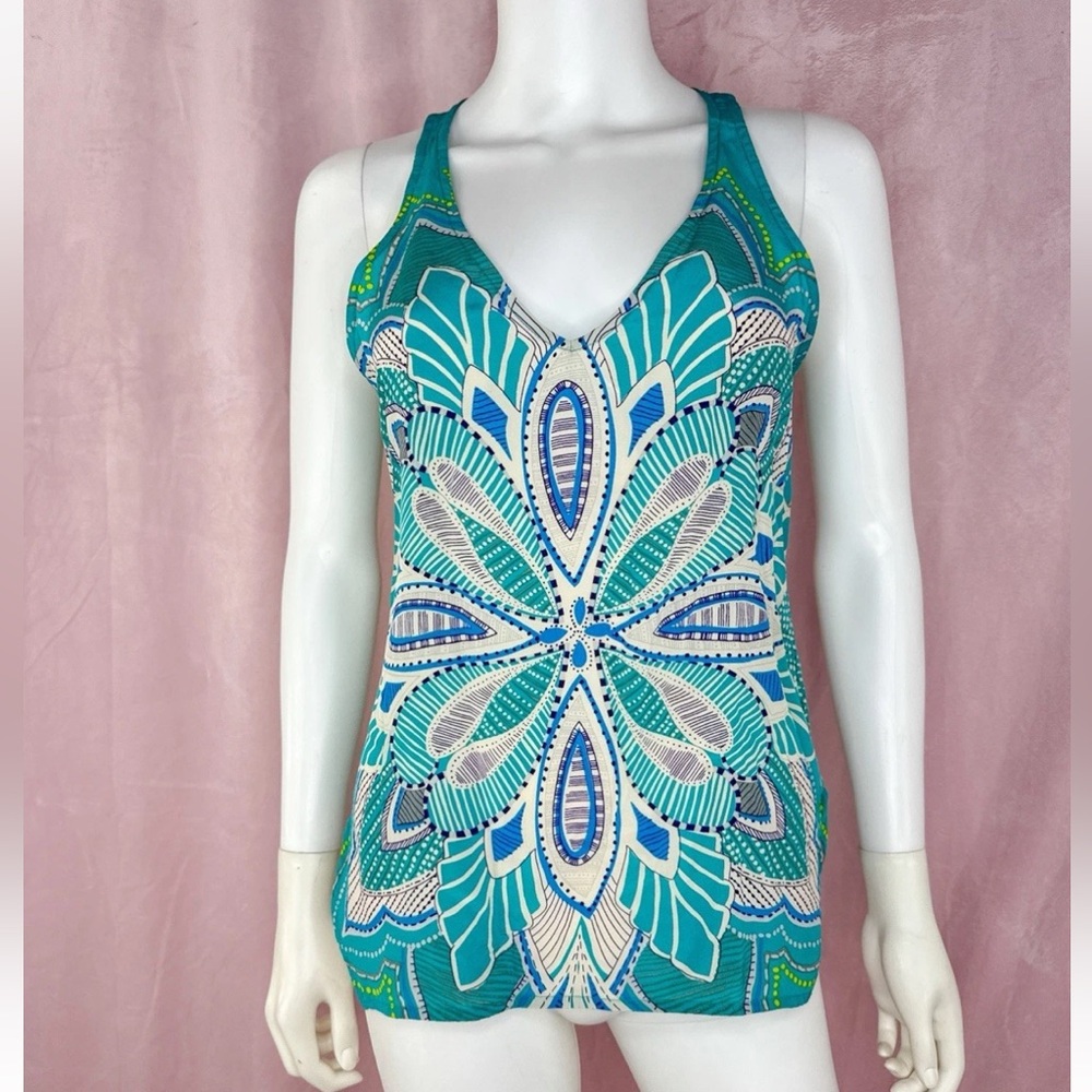 TJ Collections Womens Blue 100% Silk Floral Scoop Neck Tank Top Size Small